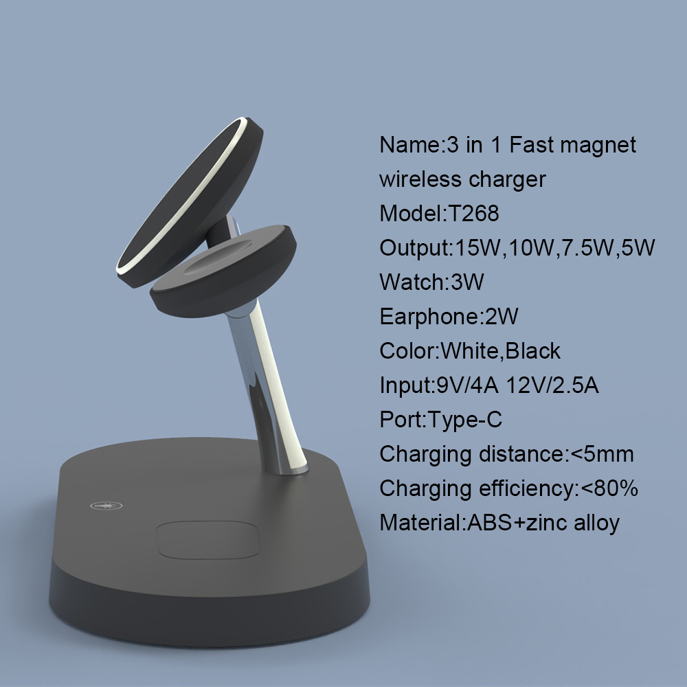 Док станция 3 в 1 QINETIQ Magsafe T268 33W для Apple iPhone 12/15, AirPods, iWatch (Qi certificated) черная