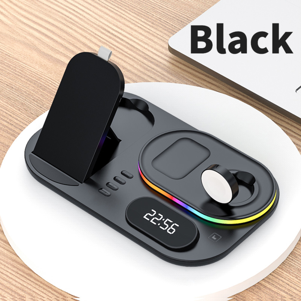 Беспроводная док-станция с часами 4in1 LED Clock RGB 30W для iPhone/AirPods/iWatch_1-9 series черная