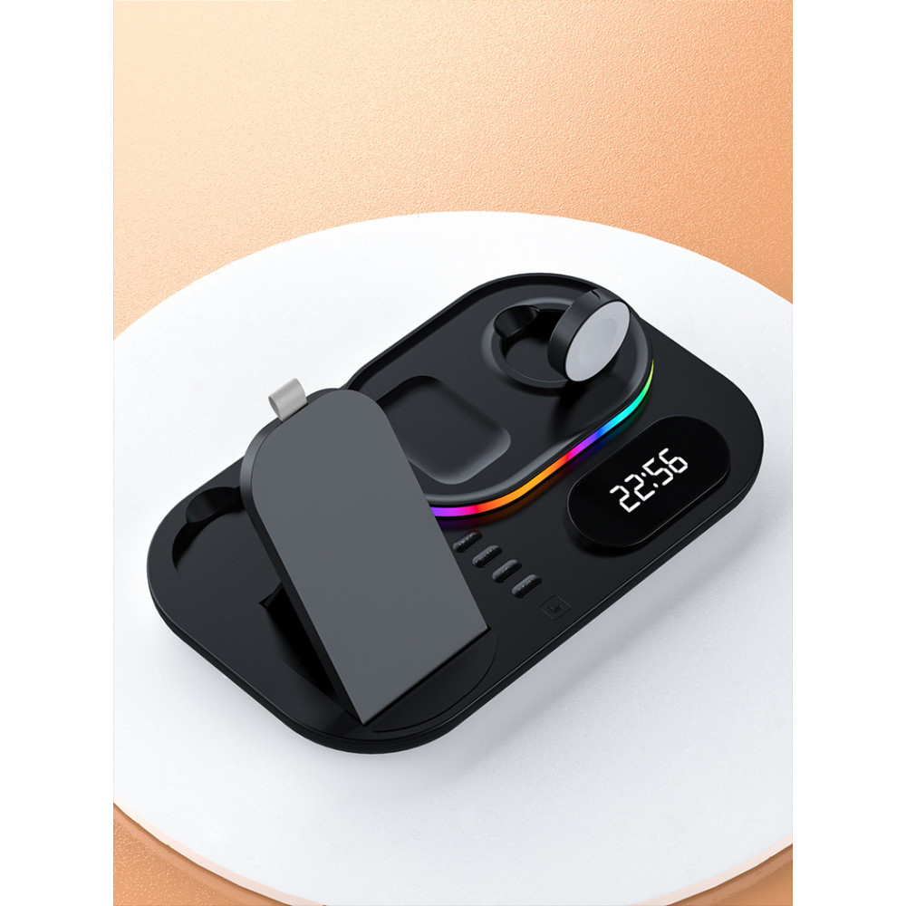 Беспроводная док-станция с часами 4in1 LED Clock RGB 30W для iPhone/AirPods/iWatch_1-9 series черная