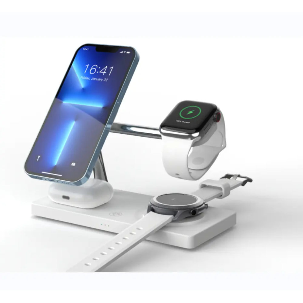 Док станция 4 в 1 для iPhone 12/15, iWatch 1-9, Samsung Watch 3-6 и наушников T218 35W белая