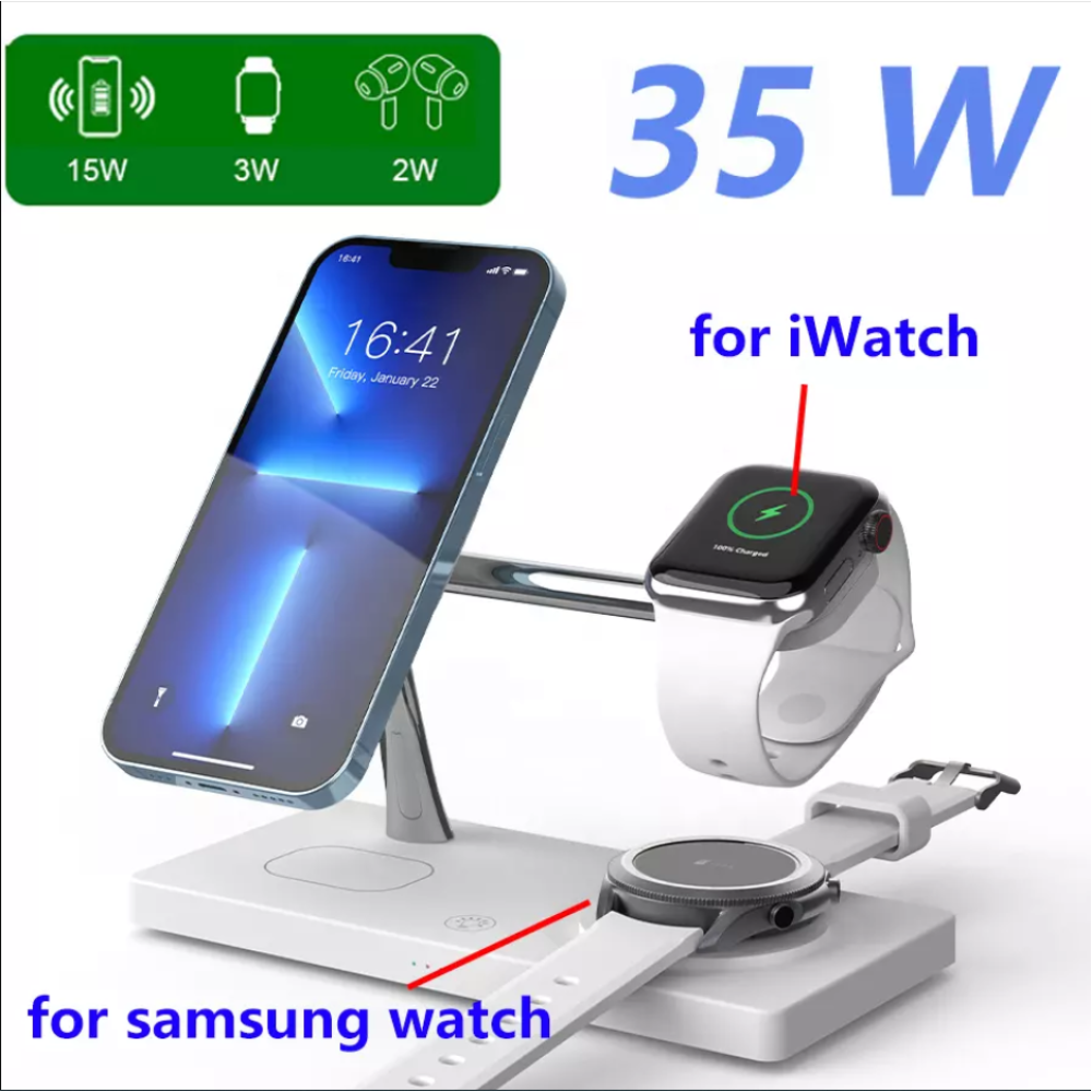 Док станция 4 в 1 для iPhone 12/15, iWatch 1-9, Samsung Watch 3-6 и наушников T218 35W белая