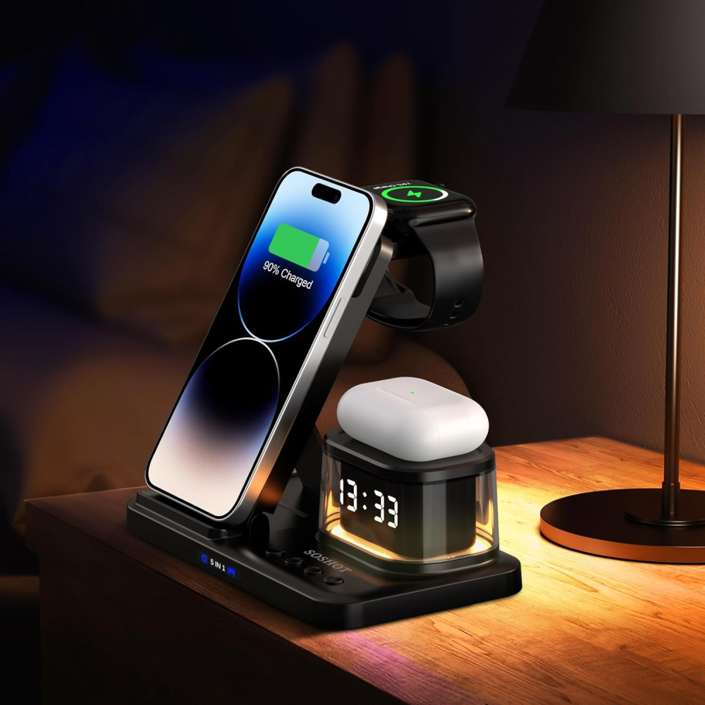 Складная док станция 3 в 1 QN-H33 23W с часами и подсветкой для Apple iPhone/AirPods/iWatch_1-9 series черная