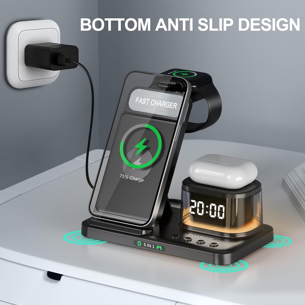 Складная док станция 3 в 1 QN-H33 23W с часами и подсветкой для Apple iPhone/AirPods/iWatch_1-9 series черная