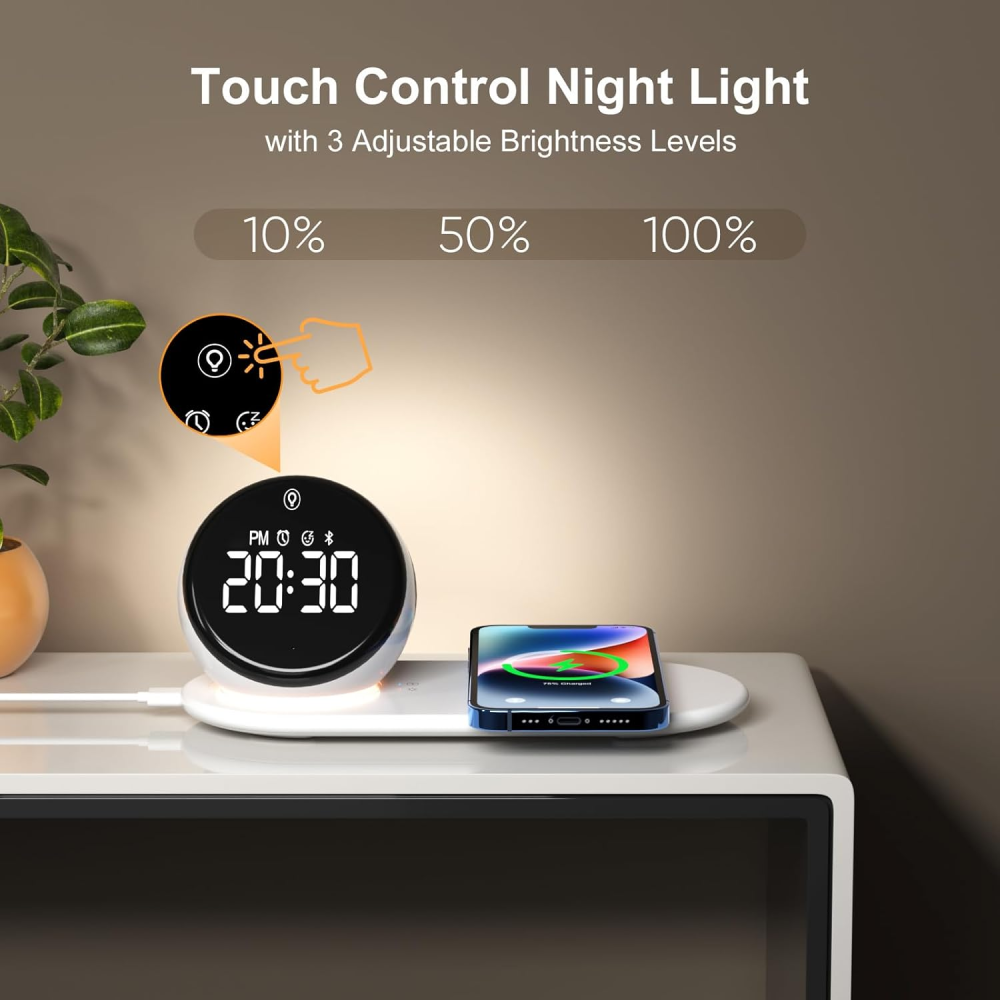 Беспроводная зарядная станция QINETIQ QN-Z12Pro 15W с часами, Bluetooth-колонкой и сенсорной подсветкой