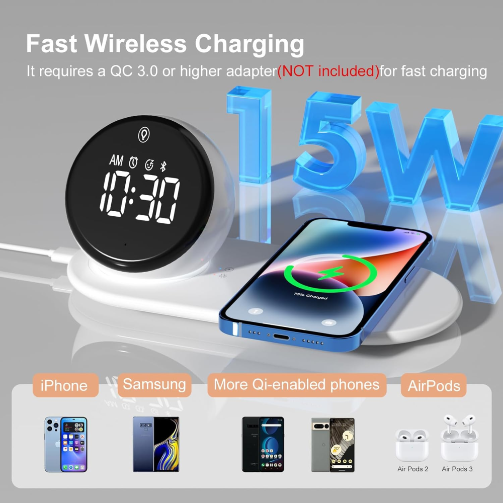 Беспроводная зарядная станция QINETIQ QN-Z12Pro 15W с часами, Bluetooth-колонкой и сенсорной подсветкой