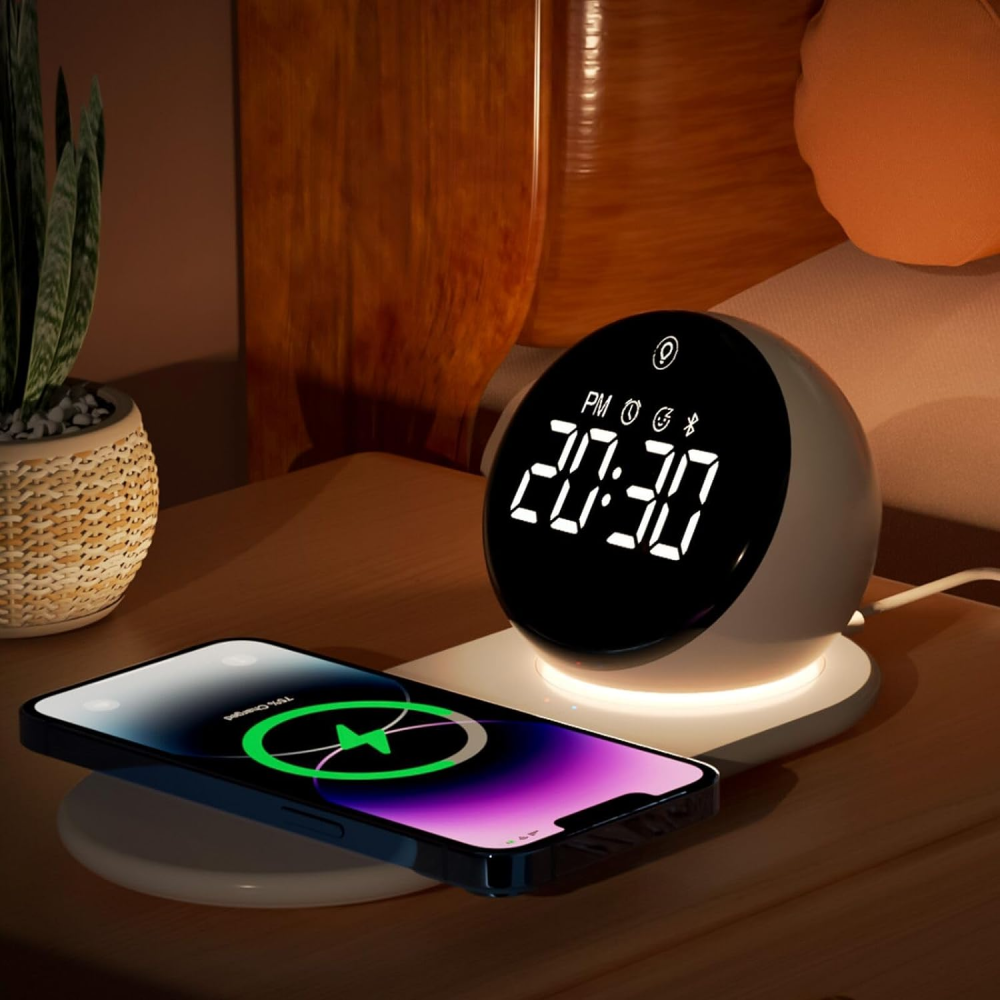 Беспроводная зарядная станция QINETIQ QN-Z12Pro 15W с часами, Bluetooth-колонкой и сенсорной подсветкой