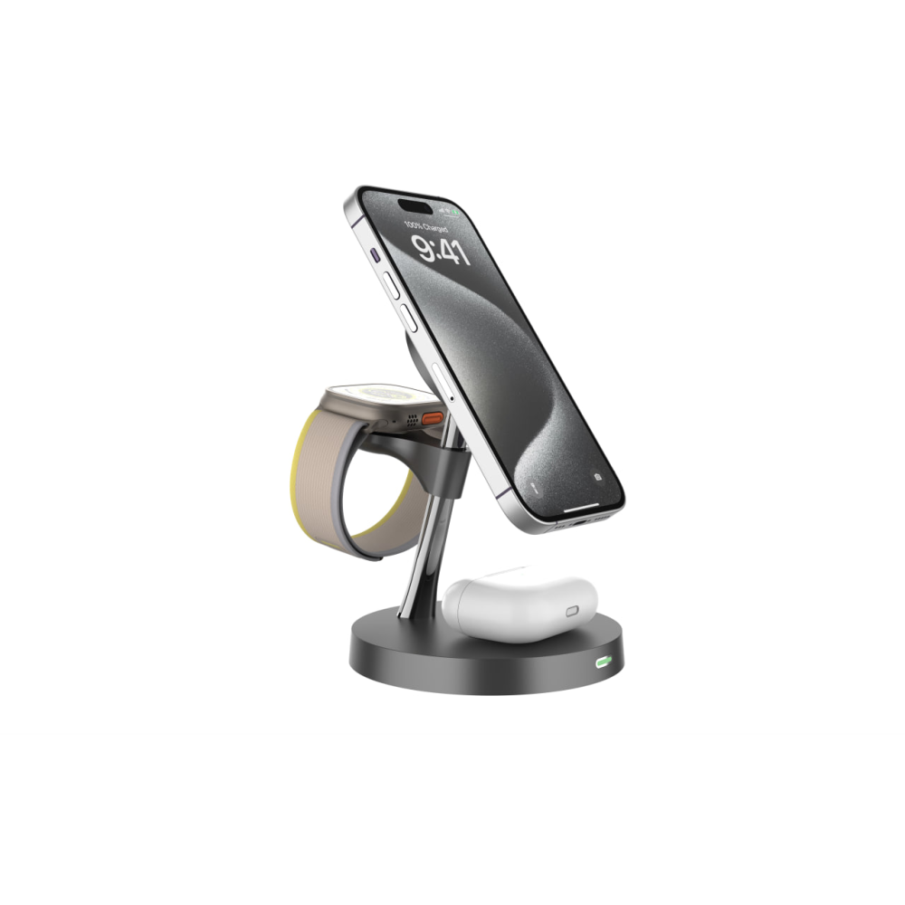 Магнитная беспроводная зарядная док-станция 3 в 1 MagSafe Qi2 Т269D 25W для iPhone 12/15, Apple/Galaxy Watch и AirPods/Galaxy Buds черная
