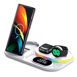 Док-станция с часами 3 in 1 QINETIQ S6 LED Clock RGB 30W для Samsung/GalaxyBuds/Galaxy Watch_1-6 series белая