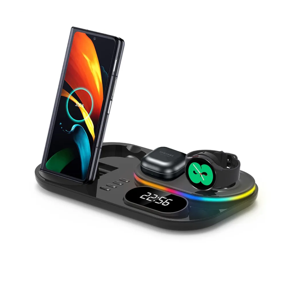 Док-станция с часами 3 in 1 QINETIQ S6 LED Clock RGB 30W для Samsung/GalaxyBuds/Galaxy Watch_1-6 series черная