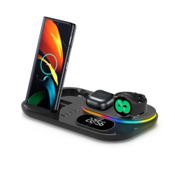 Док-станция с часами 3 in 1 QINETIQ S6 LED Clock RGB 30W для Samsung/GalaxyBuds/Galaxy Watch_1-6 series черная