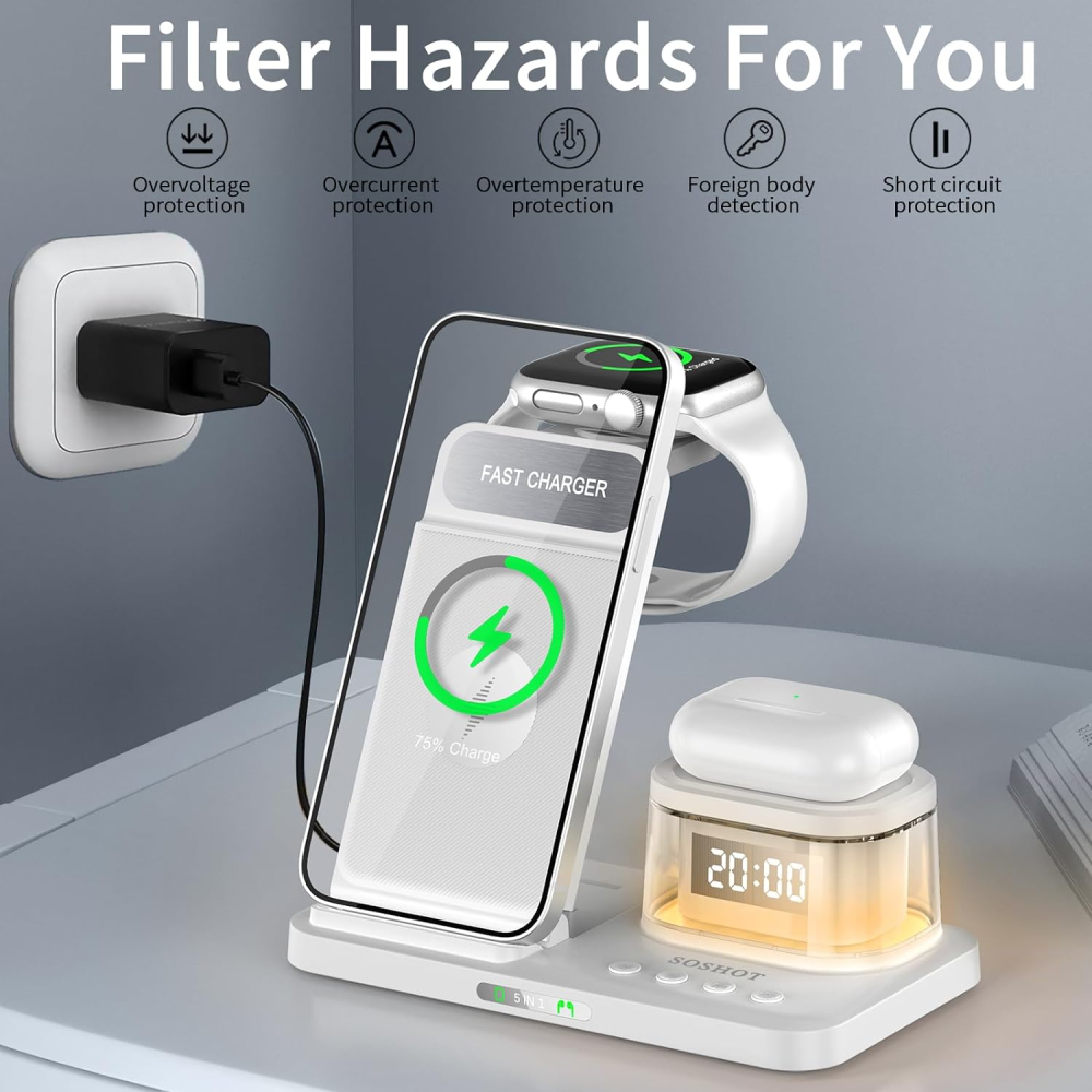 Складная док станция 3 в 1 QN-H33 23W с часами и подсветкой для Apple iPhone/AirPods/iWatch_1-9 series белая