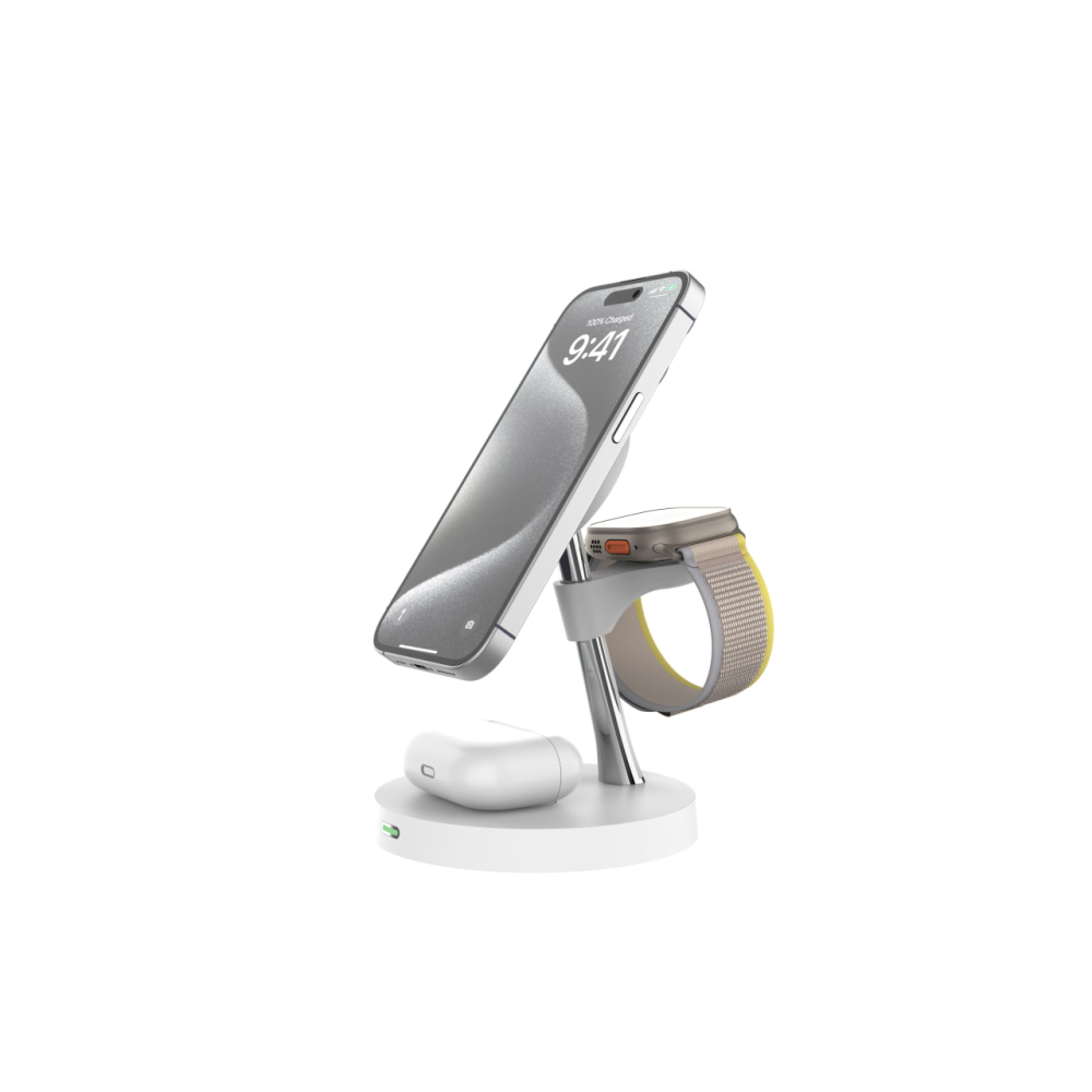 Магнитная беспроводная зарядная док-станция 3 в 1 MagSafe Qi2 Т269D 25W для iPhone 12/15, Apple/Galaxy Watch и AirPods/Galaxy Buds белая