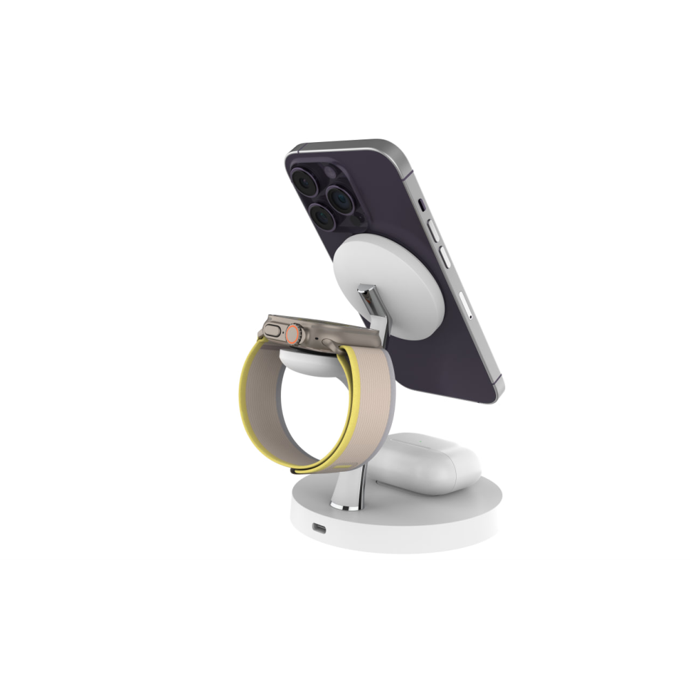 Магнитная беспроводная зарядная док-станция 3 в 1 MagSafe Qi2 Т269D 25W для iPhone 12/15, Apple/Galaxy Watch и AirPods/Galaxy Buds белая