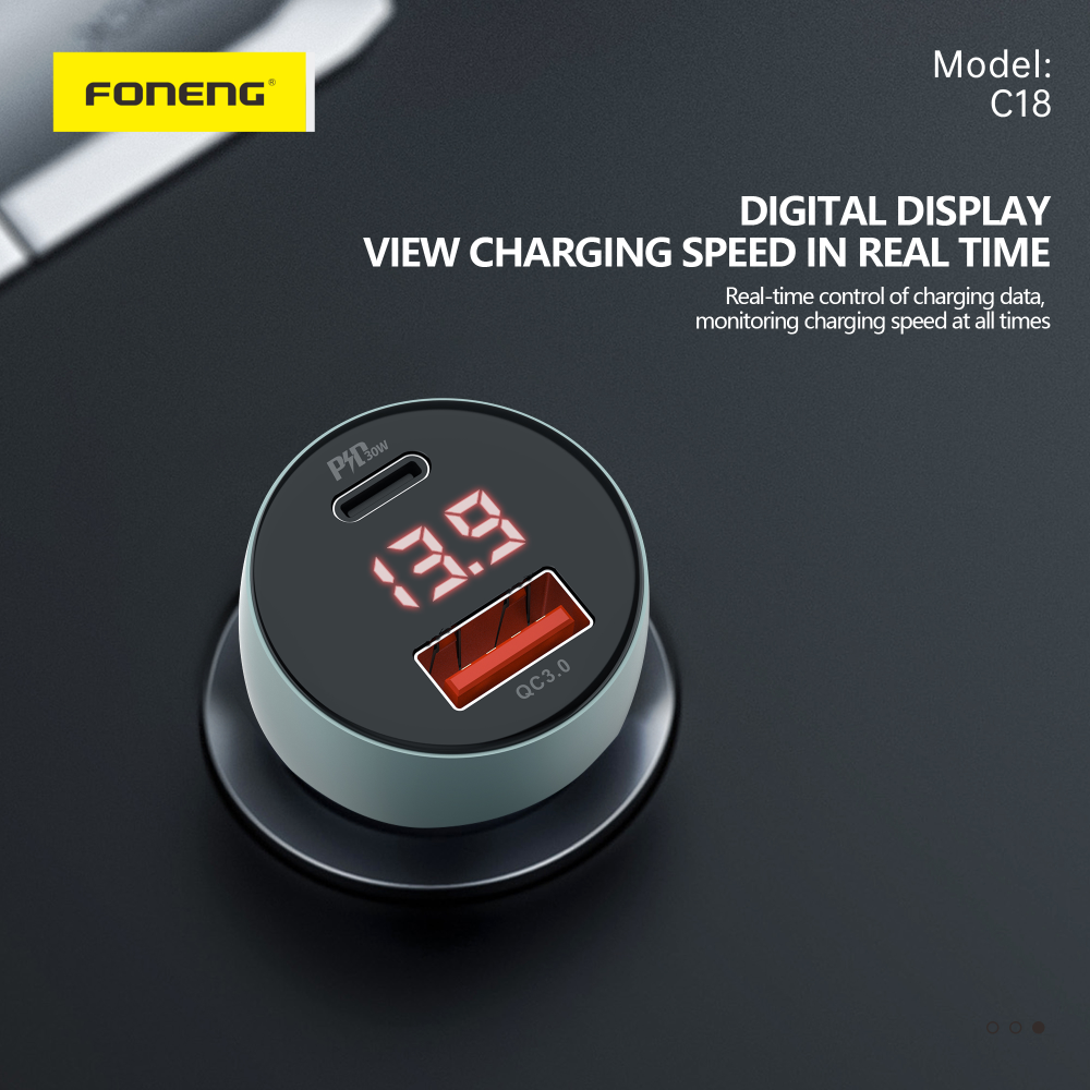 Автомобильное зарядное устройство FONENG aluminum C18 Dual-Port 48W Digital Display