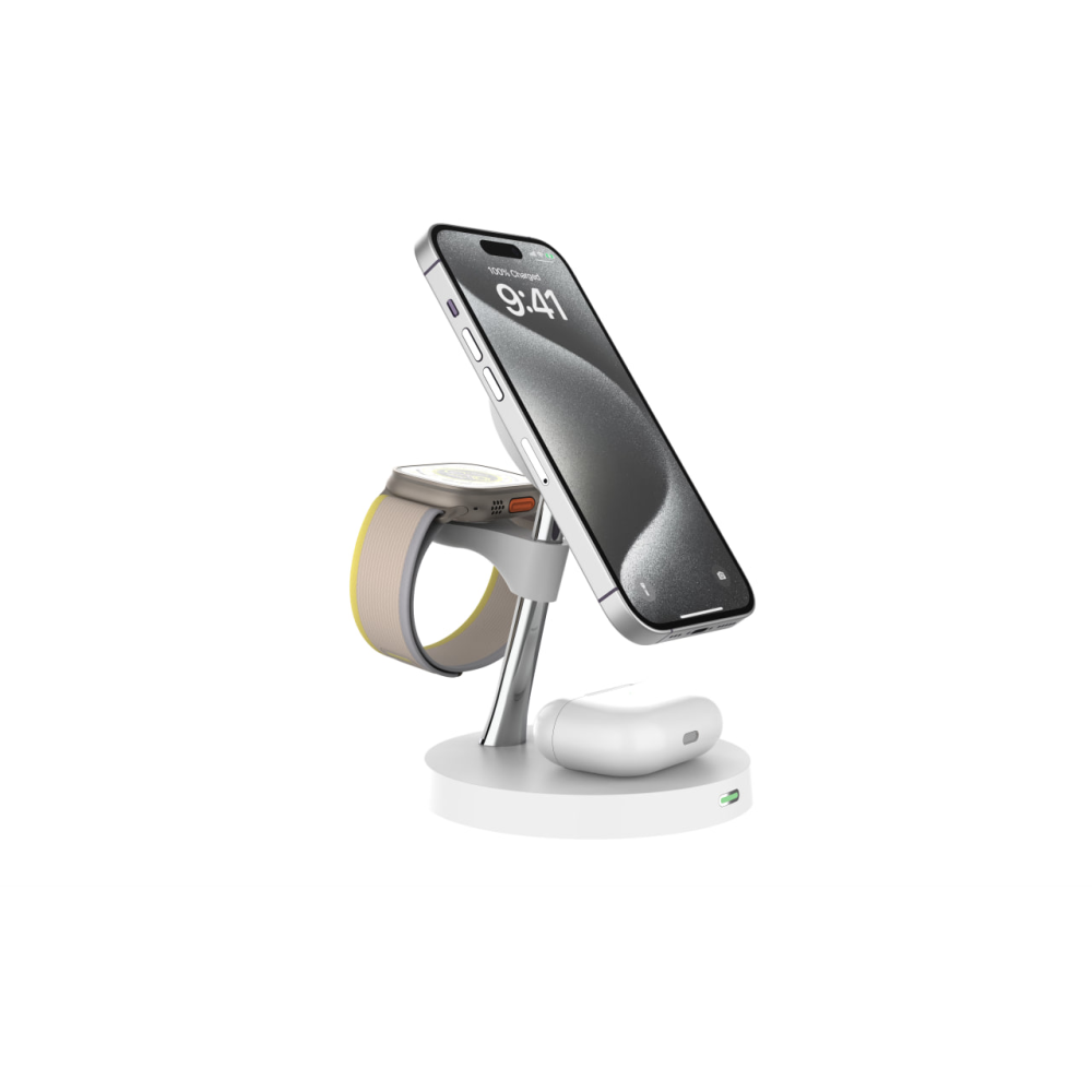 Магнитная беспроводная зарядная док-станция 3 в 1 MagSafe Qi2 Т269D 25W для iPhone 12/15, Apple/Galaxy Watch и AirPods/Galaxy Buds белая