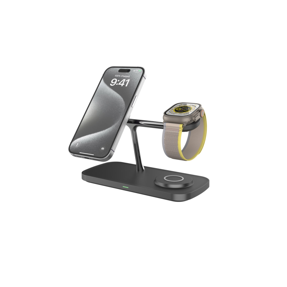Док станция 3 в 1 QINETIQ Magsafe Qi2 T255 25W для Samsung/iPhone 12/15, AirPods,GalaxyBuds, AppleWatch, GalaxyWatch (Qi2 certificated) черная