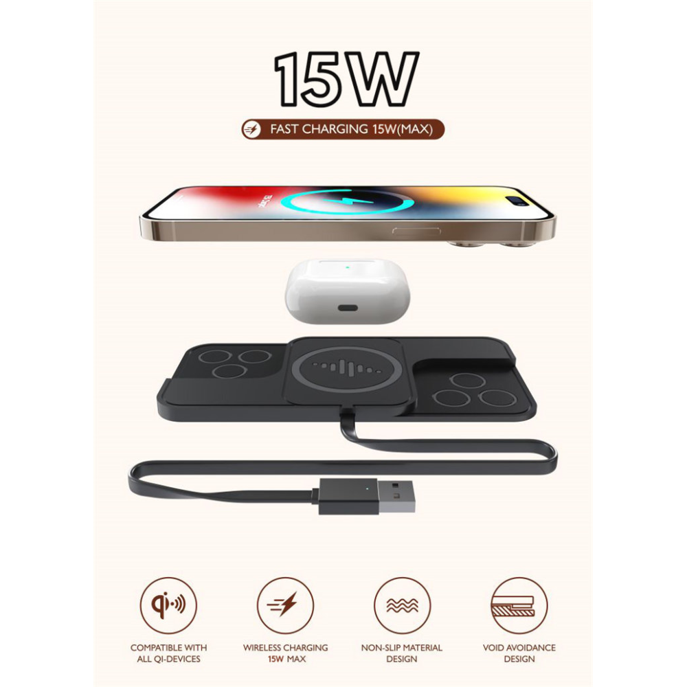 Силиконовый коврик в авто с беспроводной зарядкой QINETIQ Car Wireless Pad A5 15W для Apple iPhone 12-15 Pro, Pro Max