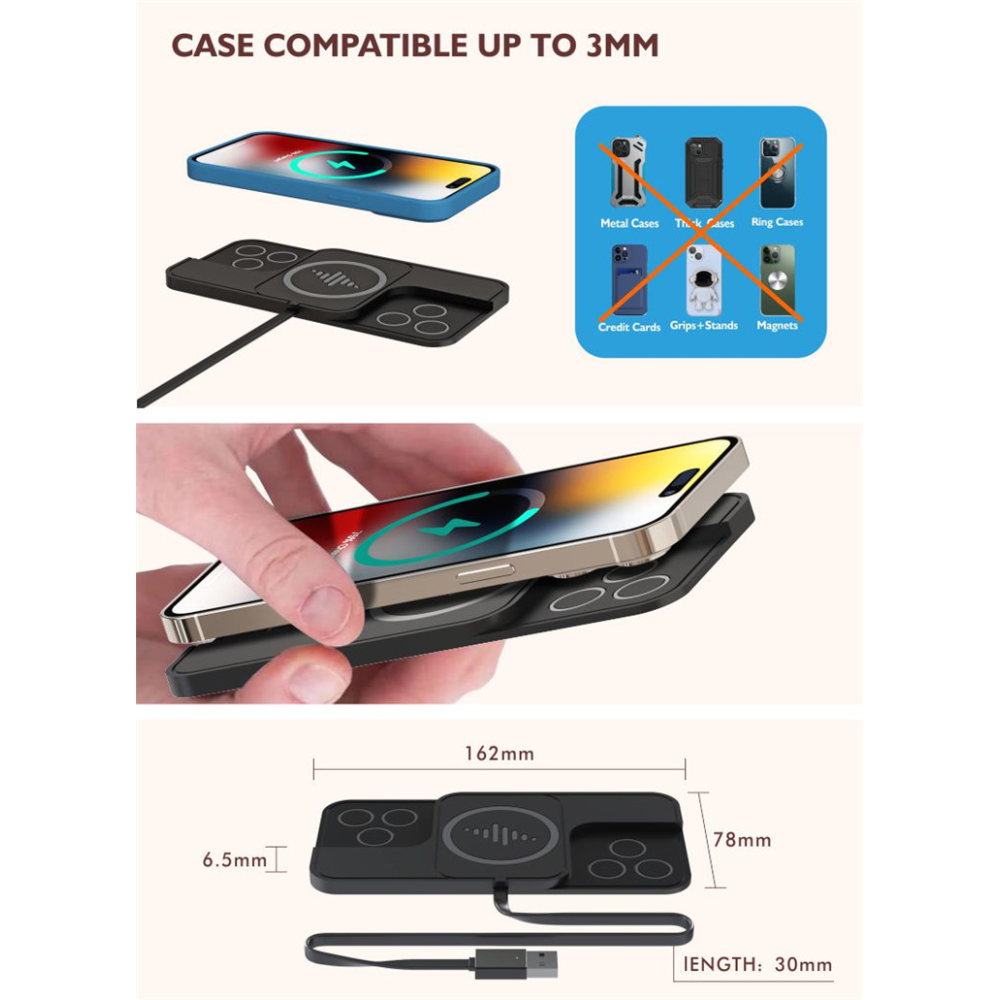 Силиконовый коврик в авто с беспроводной зарядкой QINETIQ Car Wireless Pad A5 15W для Apple iPhone 12-15 Pro, Pro Max