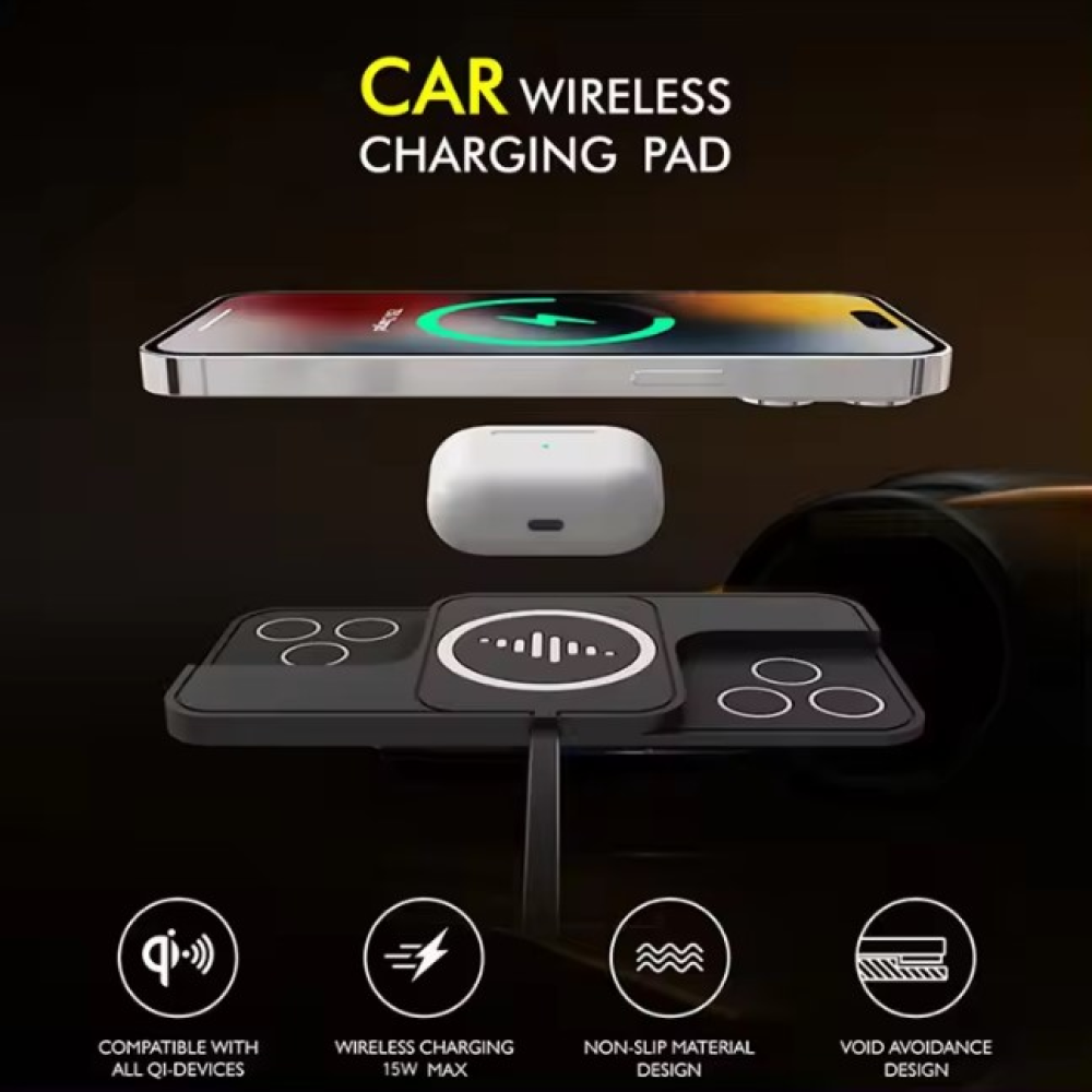 Силиконовый коврик в авто с беспроводной зарядкой QINETIQ Car Wireless Pad A5 15W для Apple iPhone 12-15 Pro, Pro Max