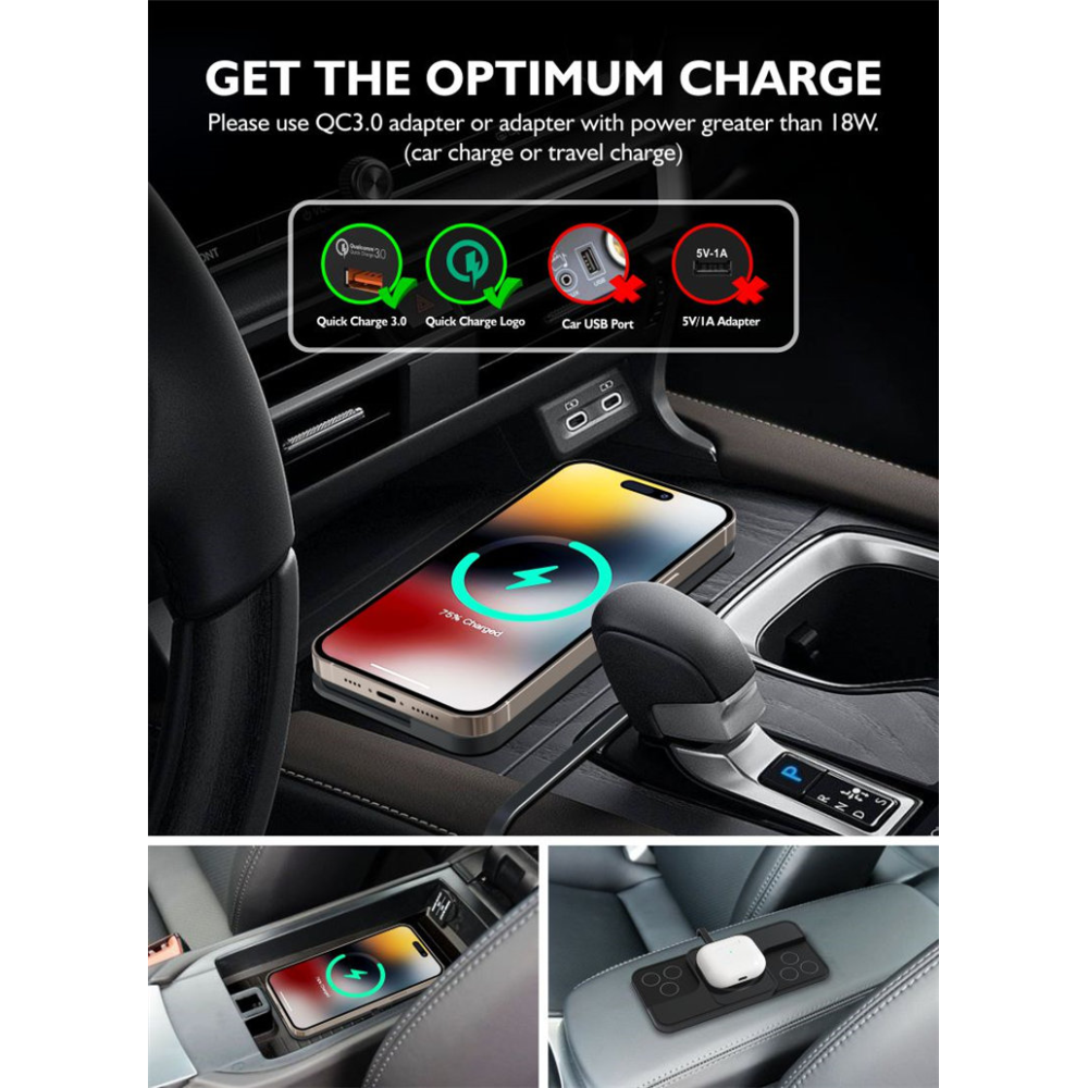 Силиконовый коврик в авто с беспроводной зарядкой QINETIQ Car Wireless Pad A5 15W для Apple iPhone 12-15 Pro, Pro Max