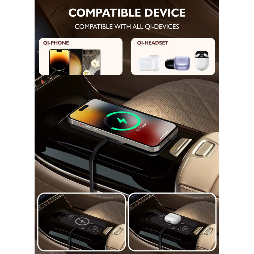 Силиконовый коврик в авто с беспроводной зарядкой QINETIQ Car Wireless Pad A5 15W для Apple iPhone 12-15 Pro, Pro Max