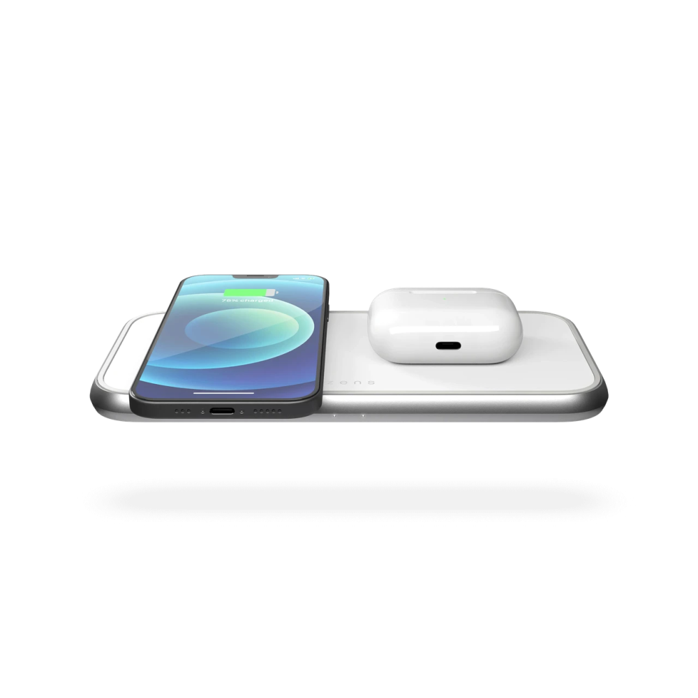 Cтанция беспроводной зарядки 2 в 1 для техники Apple iPhone/AirPods Zens Dual Aluminium White 30W USB-C PD