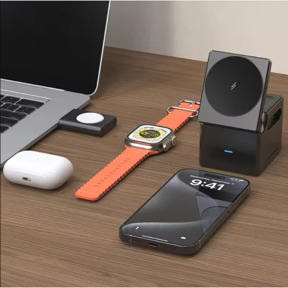 Беспроводная зарядка для Apple iPhone 12 и 15 AirPods iWatch Куб 3 в 1 QN-1 26W Magsafe QinetiQ