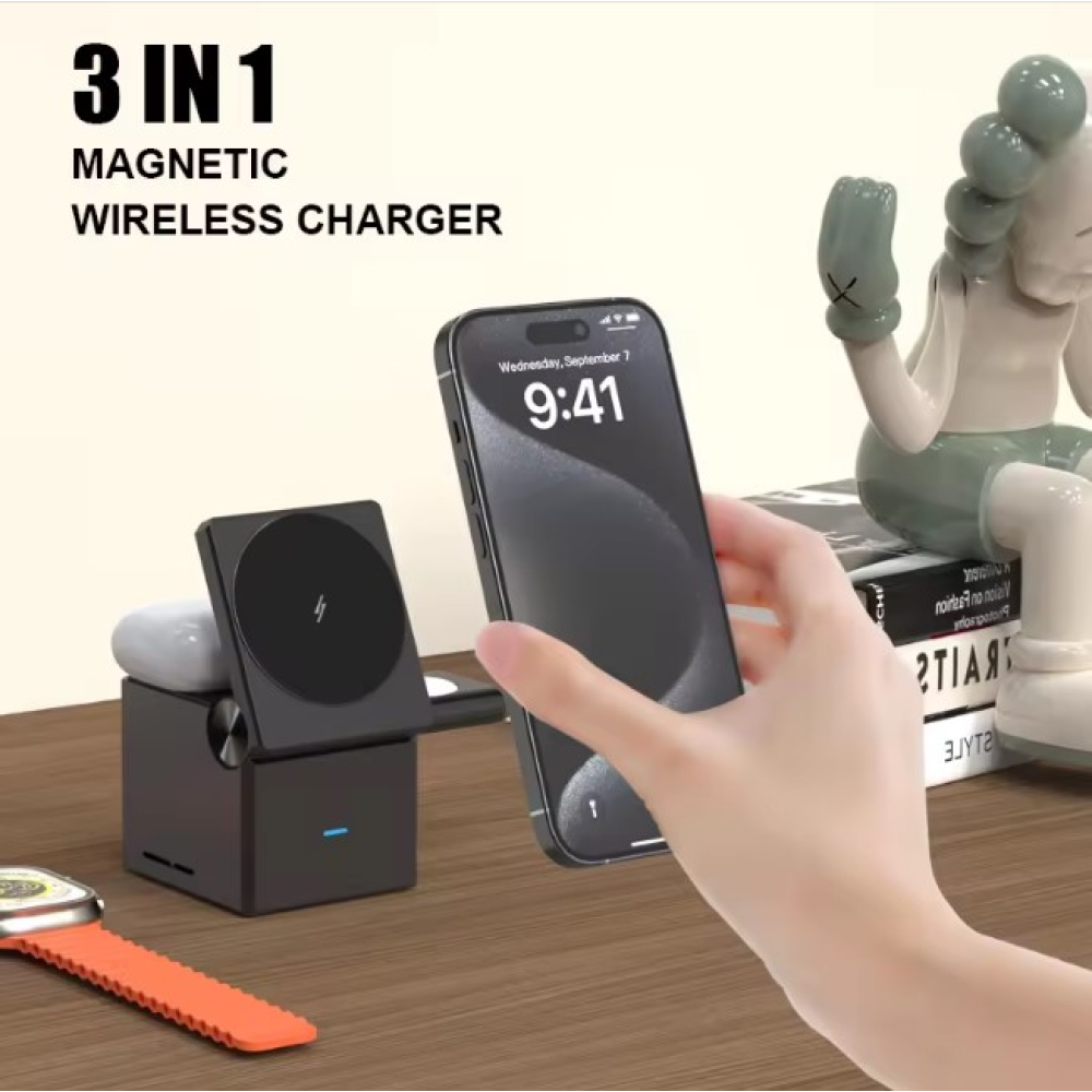 Беспроводная зарядка для Apple iPhone 12 и 15 AirPods iWatch Куб 3 в 1 QN-1 26W Magsafe QinetiQ