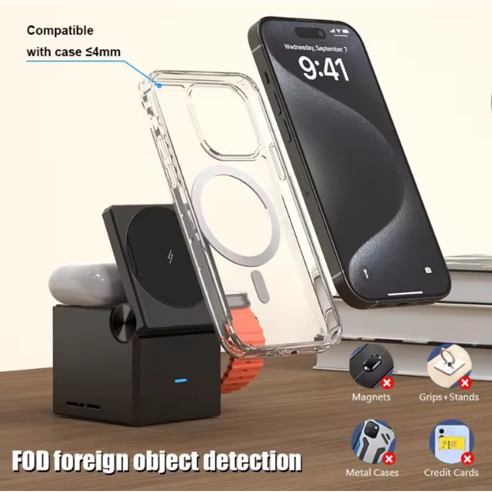 Беспроводная зарядка для Apple iPhone 12 и 15 AirPods iWatch Куб 3 в 1 QN-1 26W Magsafe QinetiQ