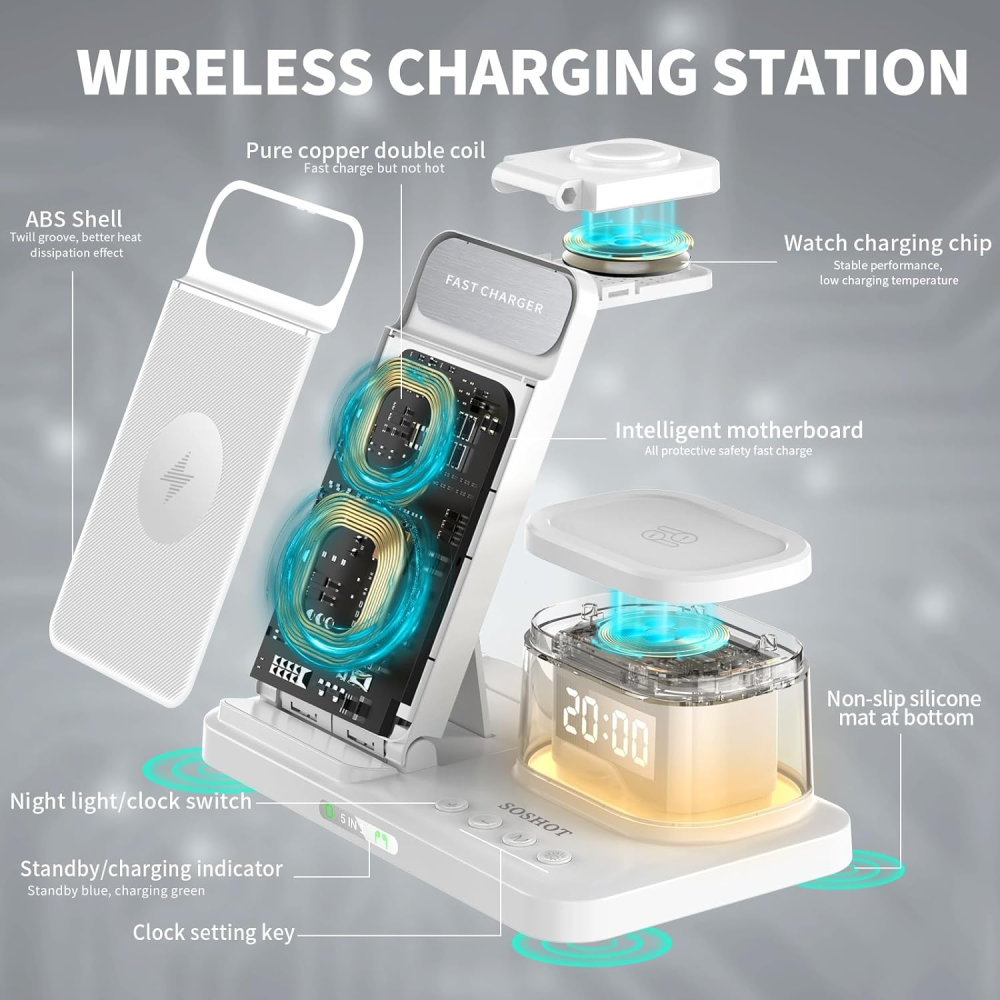 Складная док станция 3 в 1 QN-H33 23W с часами и подсветкой для Apple iPhone/AirPods/iWatch_1-9 series белая