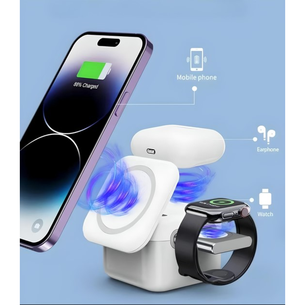 Беспроводная док-станция Куб 3 в 1 для Apple iPhone 12 и 15 AirPods iWatch QN-31 15W Magsafe QinetiQ