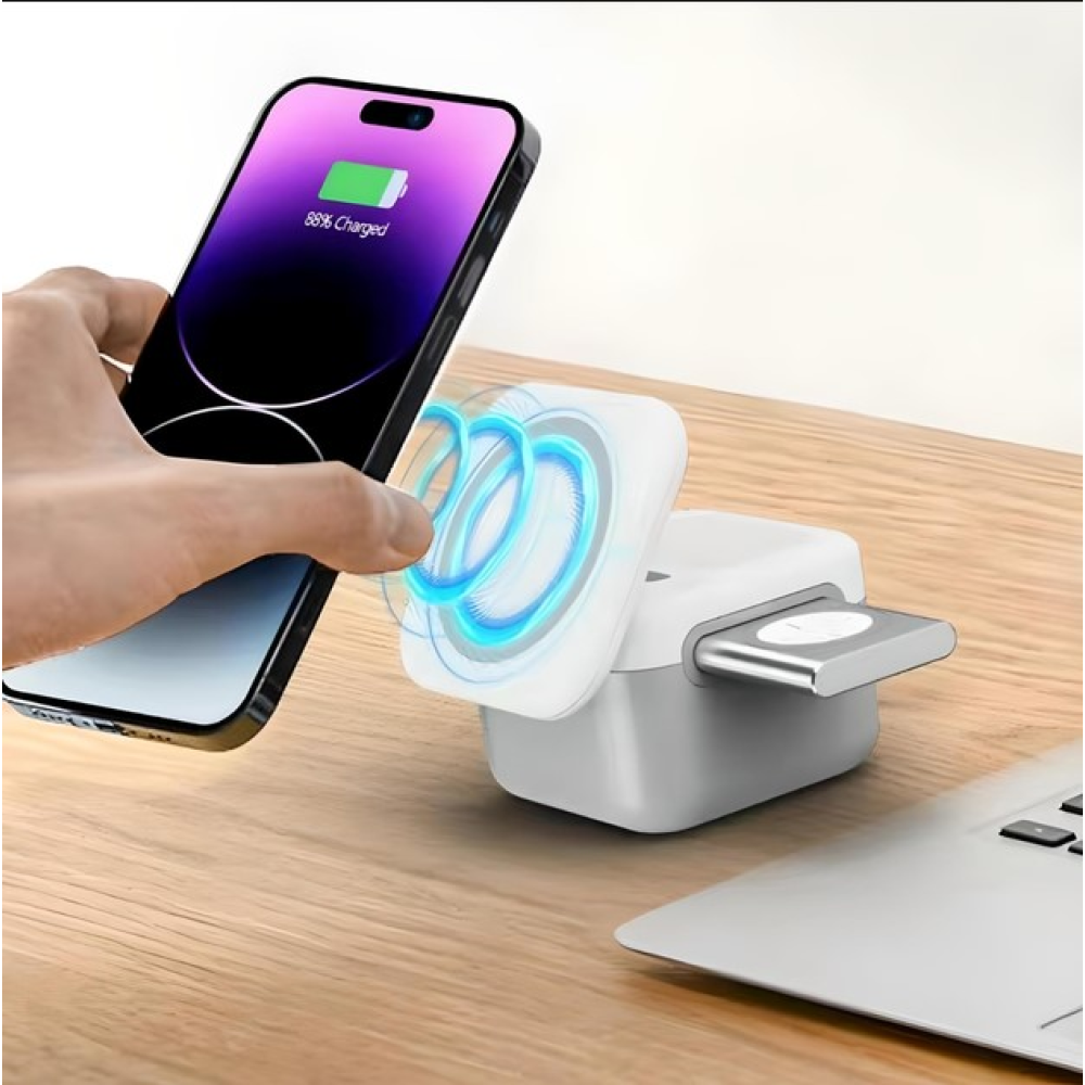 Беспроводная док-станция Куб 3 в 1 для Apple iPhone 12 и 15 AirPods iWatch QN-31 15W Magsafe QinetiQ