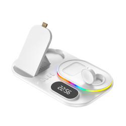 Беспроводная док-станция с часами 4in1 LED Clock RGB 30W для iPhone/AirPods/iWatch_1-9 series белая