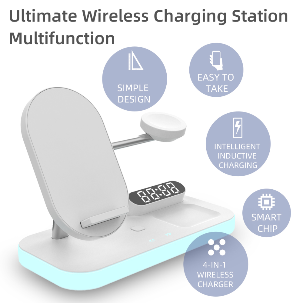 Беспроводная станция с часами 3 in 1 QINETIQ Blue neon series QN-8D for Samsung and iPhone