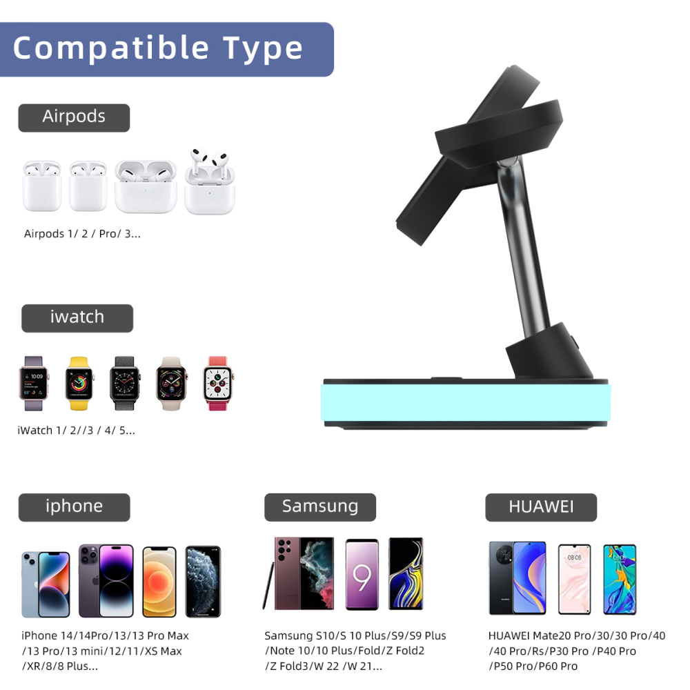 Беспроводная станция с часами 3 in 1 Magsafe QINETIQ Blue neon series LED QN-8C for iPhone