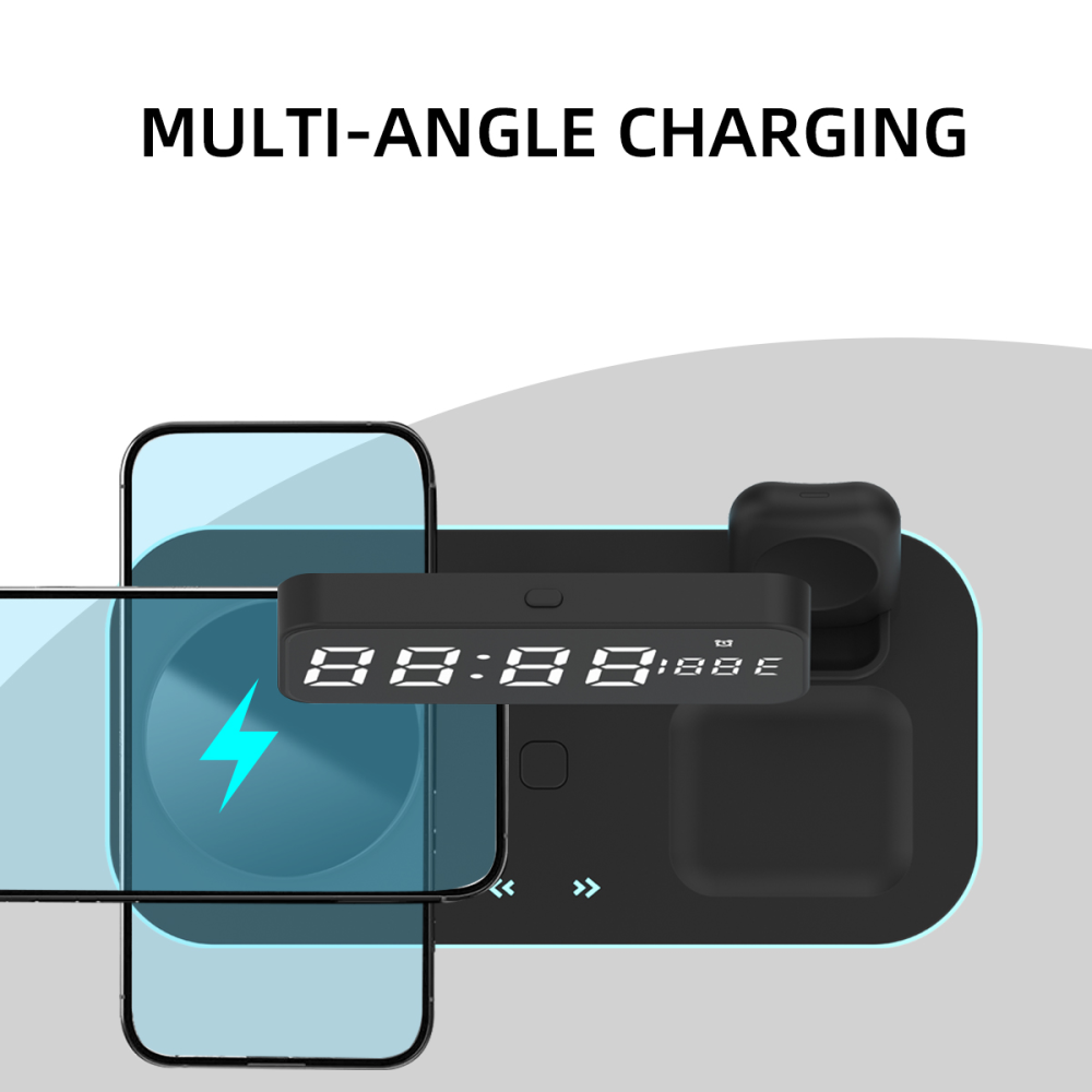 Беспроводная док-станция с часами 3 in 1 QINETIQ Blue neon series LED QN-8A for iPhone Magsafe