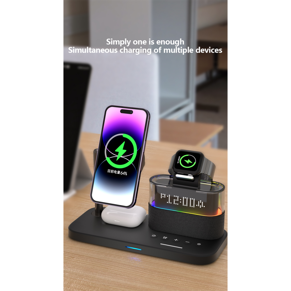 Беспроводная док-станция 3 in 1 QINETIQ Magsafe QN-C09 for iPhone с часами и подсветкой