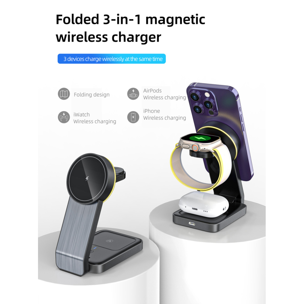 Складная беспроводная док-станция 3 в 1 Magsafe Q79 25W для Apple iPhone 12/15, iWatch, AirPods White