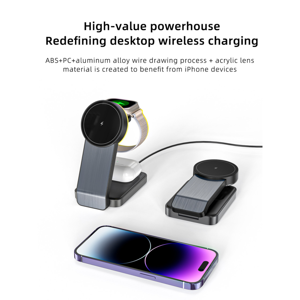 Складная беспроводная док-станция 3 в 1 Magsafe Q79 25W для Apple iPhone 12/15, iWatch, AirPods Space Gray