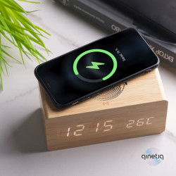 Беспроводная зарядка с LED-Часами Wood-clock QINETIQ 1000 10W светло-коричневый