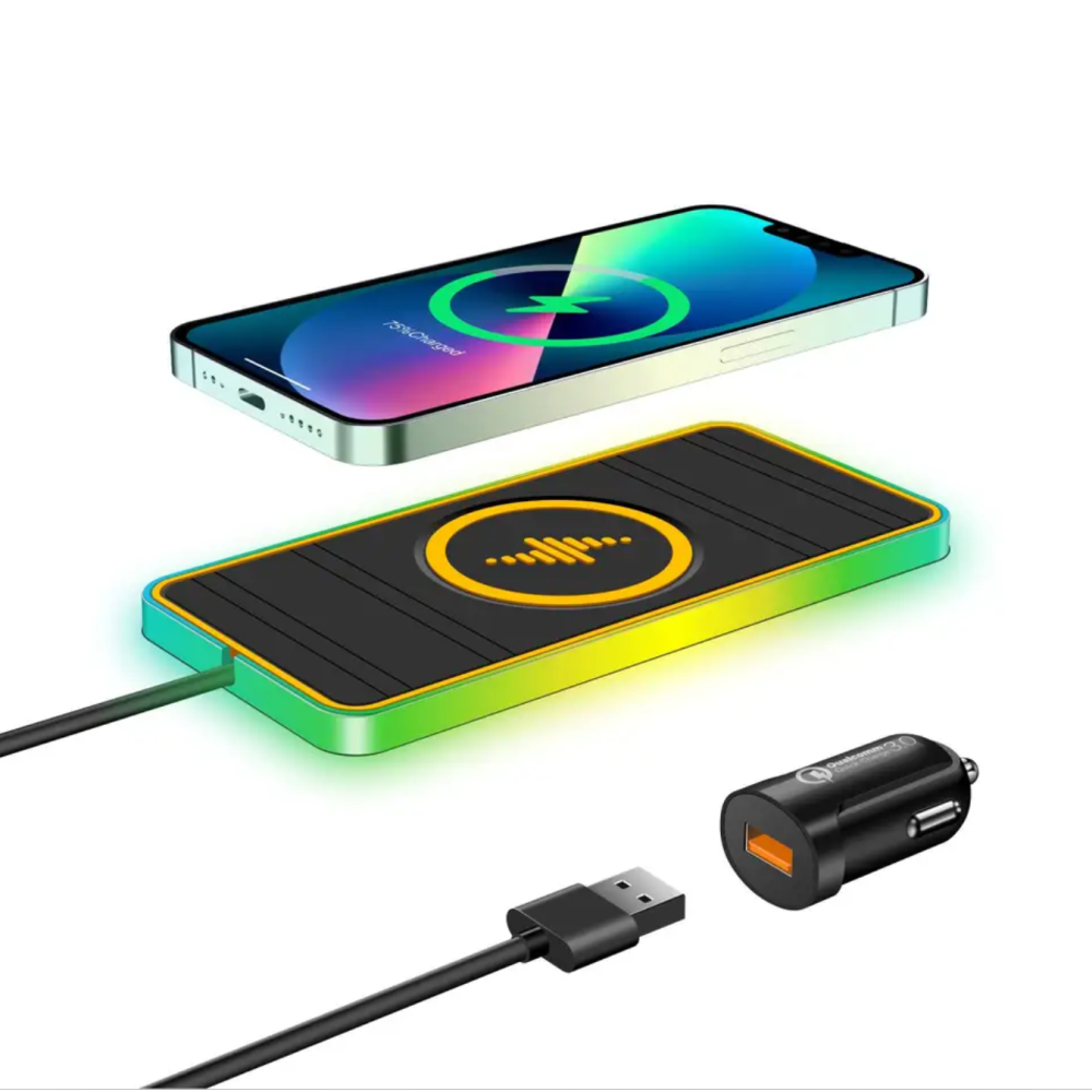Автомобильный беспроводной зарядный коврик с RGB подсветкой QINETIQ A8 RGB 15W Car Wireless Pad&Airpods