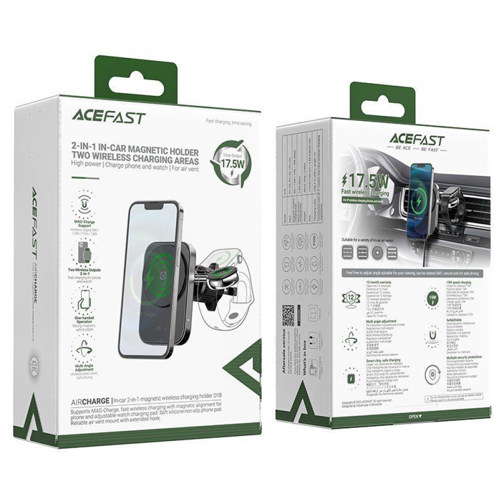 Автодержатель с беспроводной зарядкой Acefast 2in1 D18 17.5W для Apple Phone 12/15 + Apple Watch 2-9