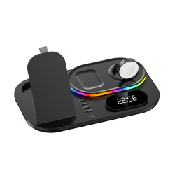 Беспроводная док-станция с часами 4in1 LED Clock RGB 30W для iPhone/AirPods/iWatch_1-9 series черная