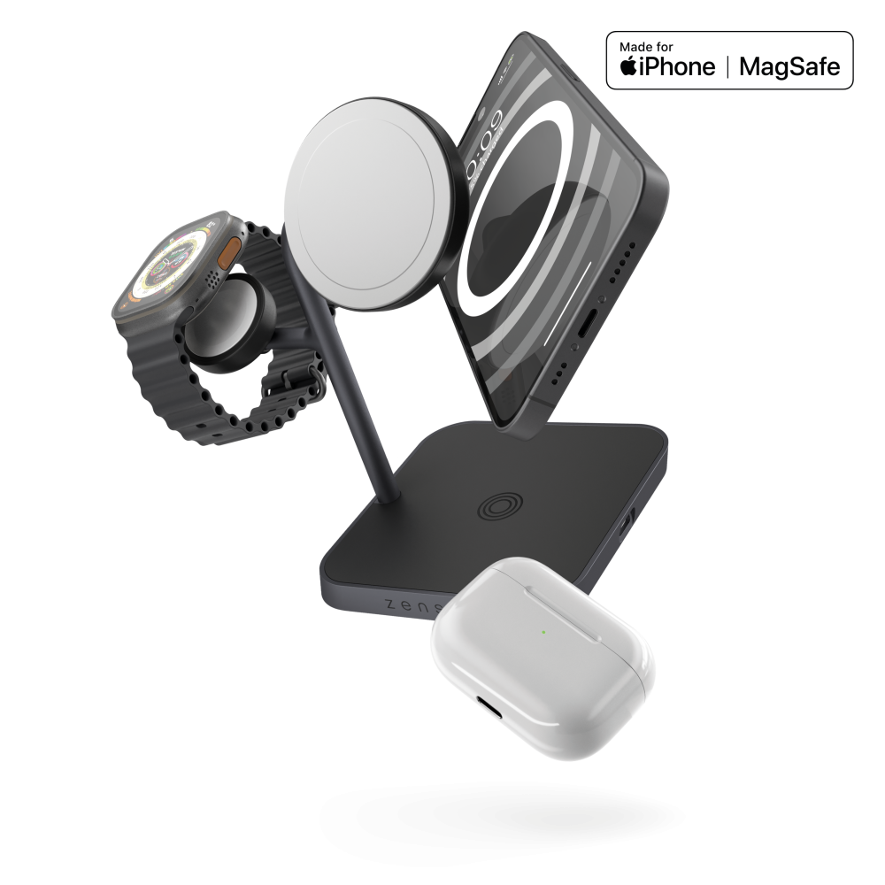 Беспроводная зарядная док-станция 4в1 Magsafe Qi2 для Apple iPhone/iWatch/AirPods Zens Black с адаптером 65W