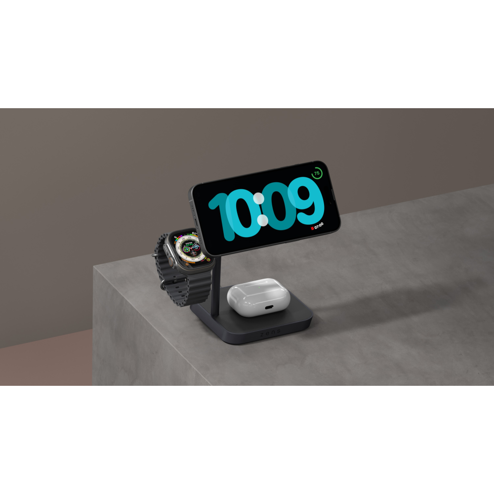 Беспроводная зарядная док-станция 4в1 Magsafe Qi2 для Apple iPhone/iWatch/AirPods Zens Black с адаптером 65W