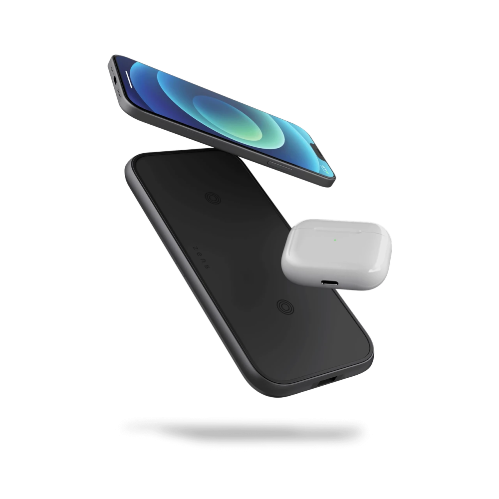Док-станция беспроводной зарядки 2в1 для Apple iPhone/AirPods Zens Dual Aluminium Black with 30W USB-C PD adapter