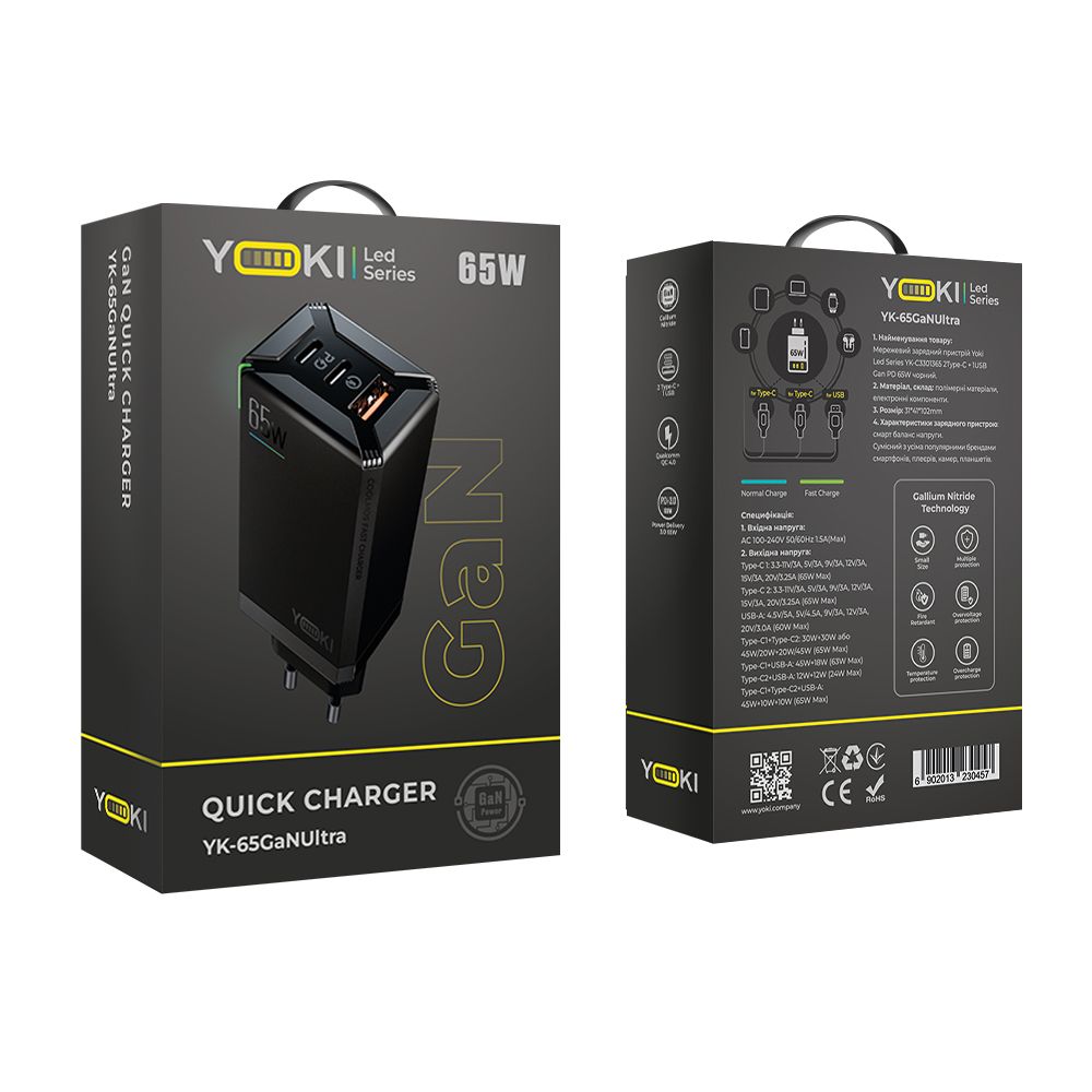 Сетевое Зарядное Устройство Yoki Led Series YK-65 GaN Ultra PD 65W