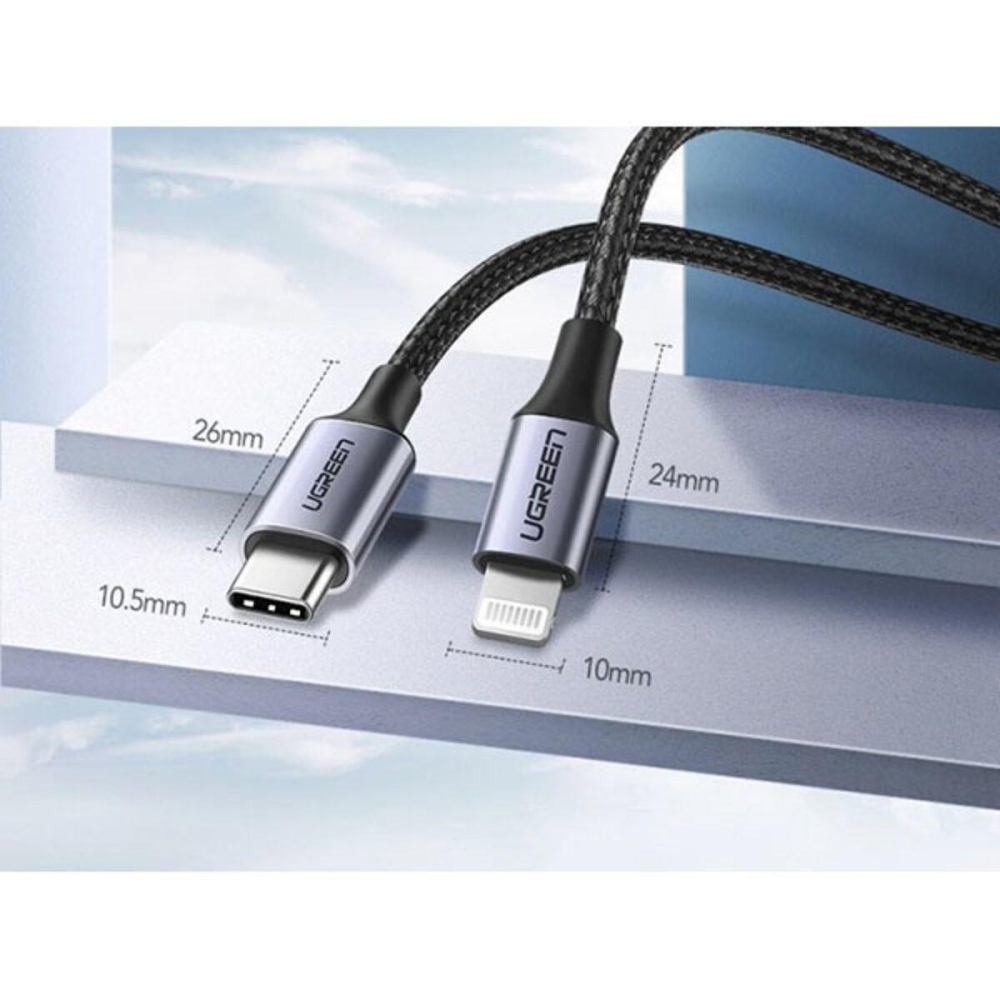 Кабель UGREEN US304 USB-C to Lightning M/M Cable Aluminum Shell Braided 1.5m (Black MFi) (UGR-60760)