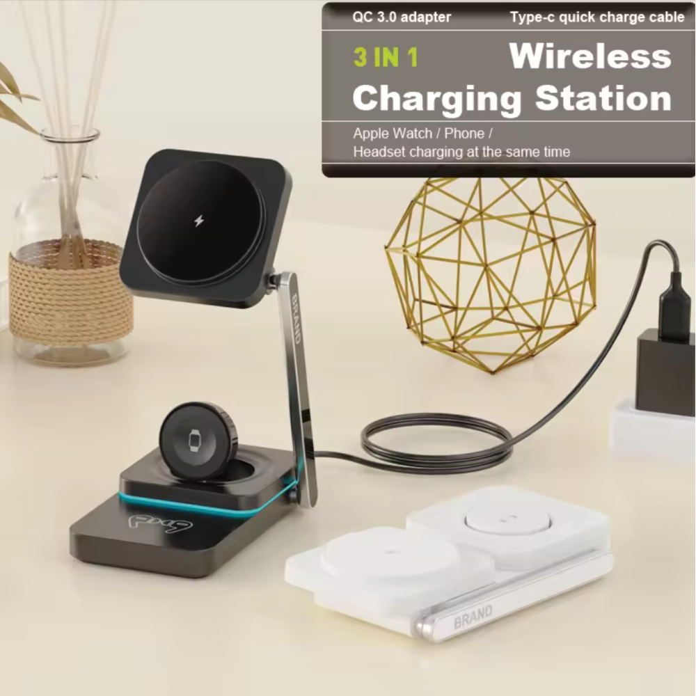 Складная станция беспроводной зарядки 3 в 1 Magsafe T6 25W для Apple iPhone 12-15, Apple Watch 2-9, Airpods Черная