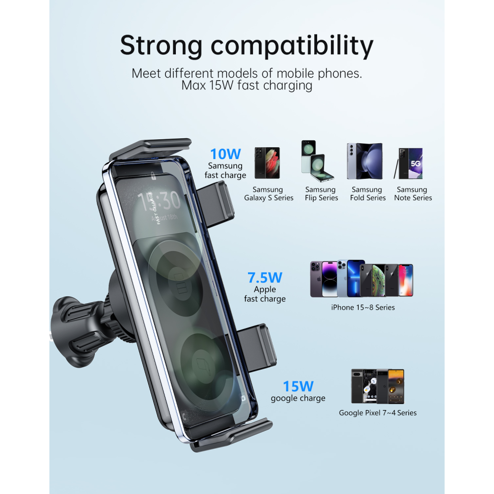Автодержатель с беспроводной зарядкой QinetiQ QN-20 for Samsun (Fold-Flip-S24) iPhone 12-15 (Pro Max)